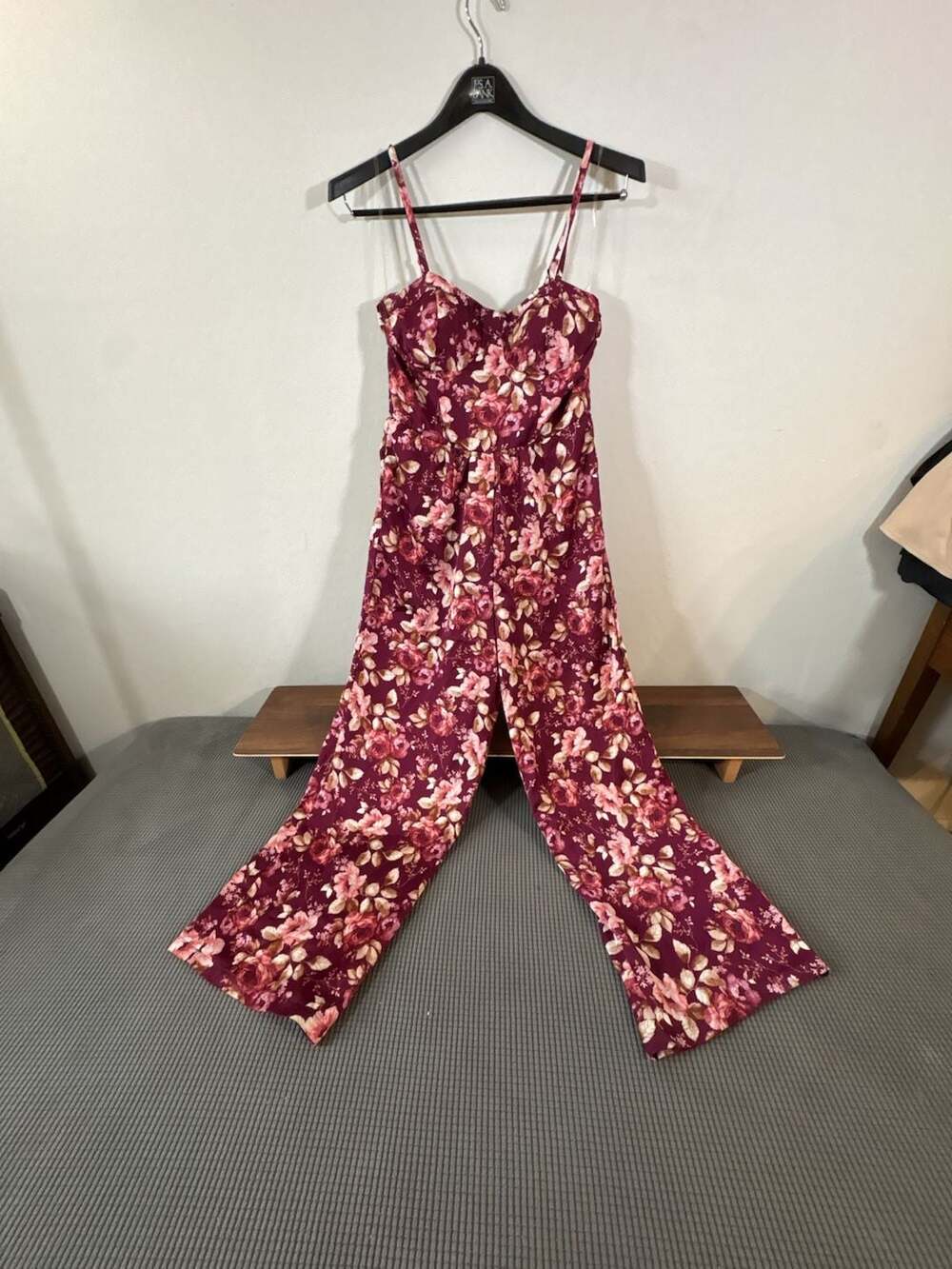 A.U.W. Women's Maroon Floral Smocked Wide Leg Jumpsuit with Pockets